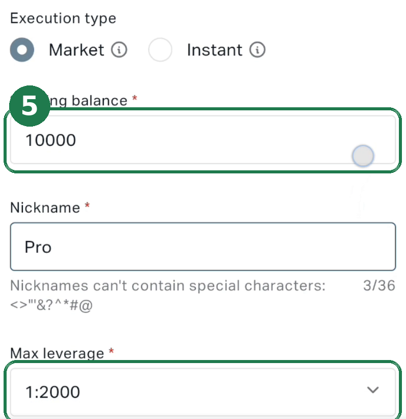 ⑤ อยู่ที่แท็บ “Demo” ตั้ง Starting balance เป็น 10000 และ Max leverage เป็น 1:2000