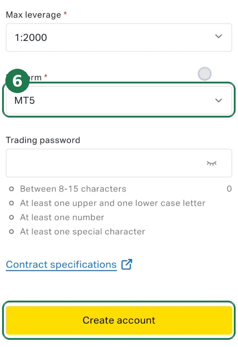 ⑥ เลือกแพลตฟอร์ม “MT5” แล้วแตะ “Create account” บัญชีทดลองสำหรับตรวจสอบก็พร้อมใช้งาน